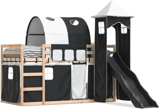 vidaXL Etagenbett für Kinder aus Kiefernholz mit Rutsche und Gardinen in Weiß und Schwarz, B/T/H: 80 x 200 cm - Bild 1
