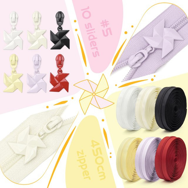 Changsons Set aus Nylon-Reißverschluss und Pinwheel-Reißverschlussgriffen, Mehrfarbig, 5 Yards Reißverschluss und 10 Griffe - Bild 1