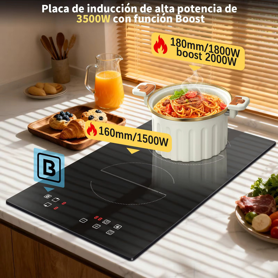 NOXTON Induktionskochfeld mit 2 Platten in Schwarz, Einbau-Induktionsplatte aus Glas mit Touch-Steuerung, Timer, Power Boost und Kindersicherung, Durchmesser: 30 cm - Bild 2