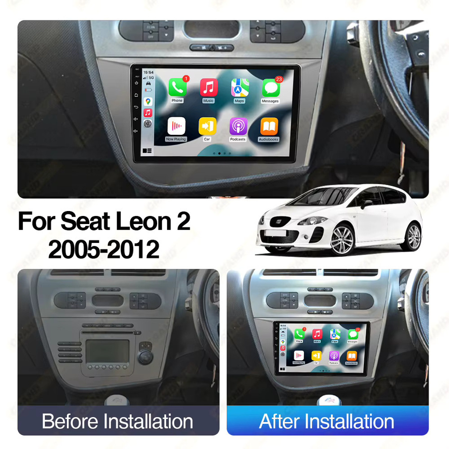 Grandnavi Android 14 Auto Radio für Seat Leon 2 MK2 2005-2012, 9 Zoll 2Din Stereo Kopf Einheit mit Wireless Carplay, Android Auto, GPS und WIFI in Schwarz - Bild 2