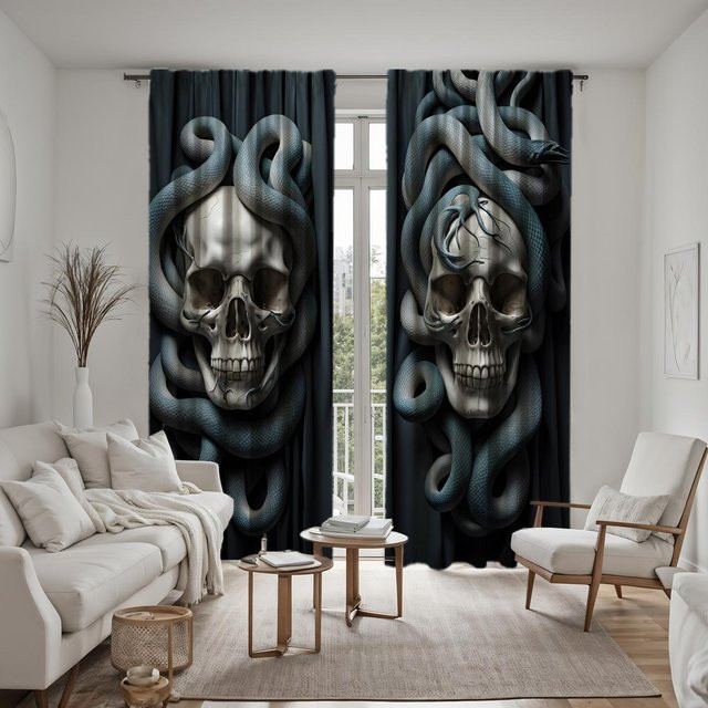 2er-Set dekorative Vorhänge mit Schlange und Totenkopf-Motiv in Schwarz, B: 132 cm, H: 160 cm - Bild 1