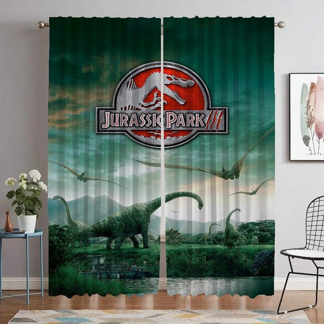 Jurassic Park Tüll-Vorhänge für Wohnzimmer und Schlafzimmer, 2er-Set, Grün, Breite: 74 cm, Höhe: 114 cm - Bild 1