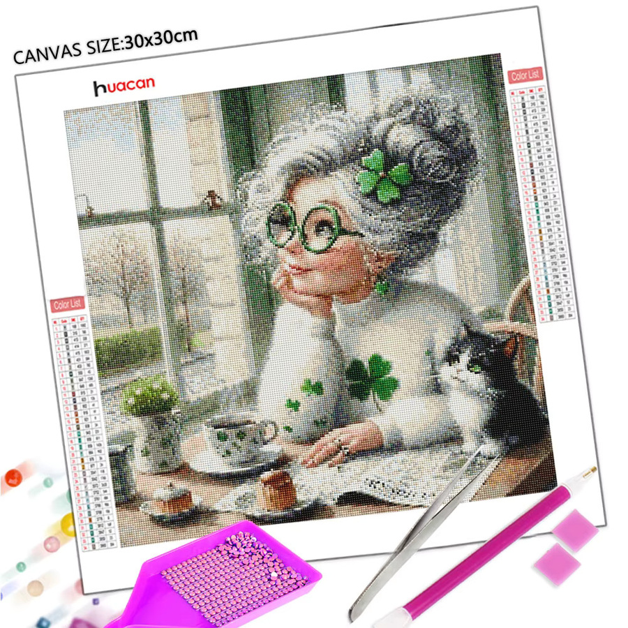 Huacan Diamantmalerei DIY Set mit eleganter Dame und Katze, 5D Vollbohrer Mosaik Kunstbild in Multicolour, B/H: 20 x 20 cm - Bild 2