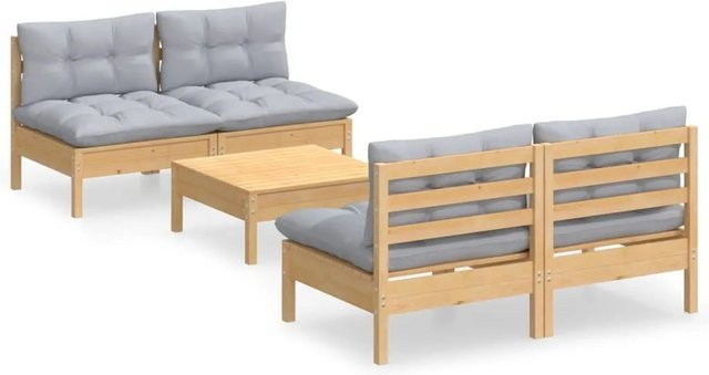 vidaXL 5-tlg Garten-Lounge-Set aus massivem Kiefernholz mit grauen Polstern - Bild 1