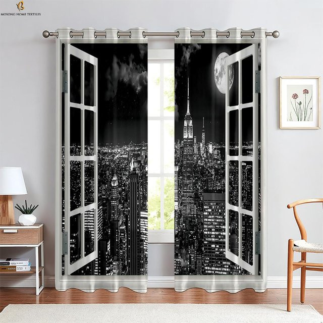 2er-Set dekorative 3D-Landschaftsvorhänge mit Naturmotiv in Schwarz, semi-transparent, Breite: 50 cm, Höhe: 130 cm - Bild 1
