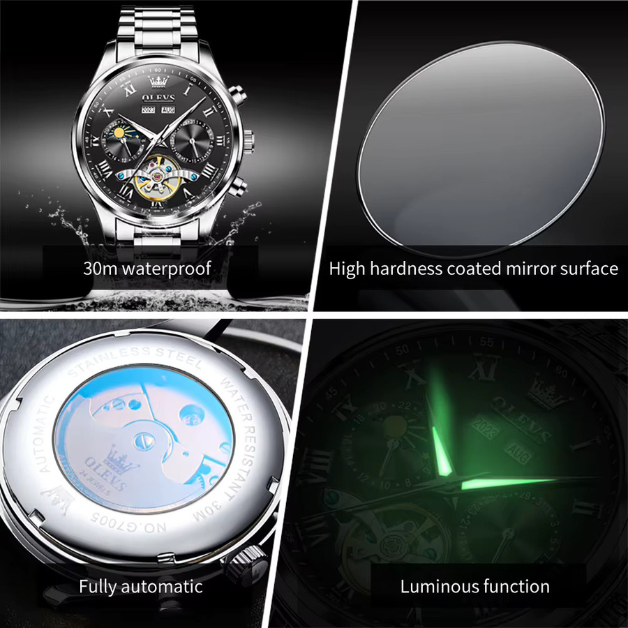 OLEVS Armbanduhr Automatik, Edelstahl, Schwarz, Silber, Herren - Bild 4