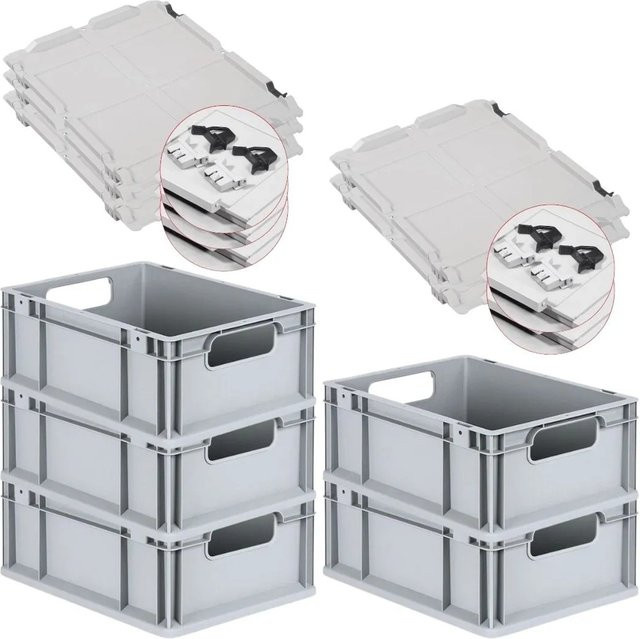 PROREGAL Spar Set 5x Eurobox Nextgen Economy mit Scharnierdeckel und schwarzen Schiebeschnappverschlüssen, Grau/Schwarz, H x B x T: 17 x 30 x 40 cm - Bild 1