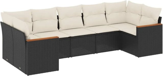 vidaXL 7-tlg. Garten-Sofagarnitur in L-Form aus Poly-Rattan und Metall mit Kissen in Schwarz und Weiß - Bild 1