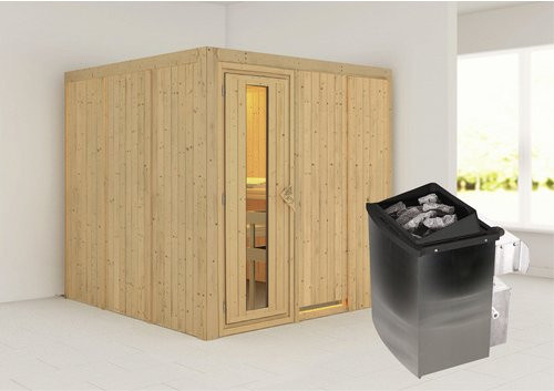 Karibu Sauna Valga aus Fichtenholz in Beige mit 9 kW Saunaofen und integrierter Steuerung für 4 Personen, B/T/H: 196 x 198 x 196 cm - Bild 1