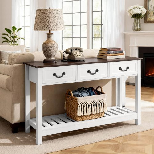 VEVOR Konsolentisch im Landhausstil mit Schubladen und Ablagefach, schmaler rechteckiger Sofatisch aus MDF und Spanplatte für Flur, Wohnzimmer oder Foyer, B/T/H: 120 x 30 x 80 cm, Braun + Weiß - Bild 1