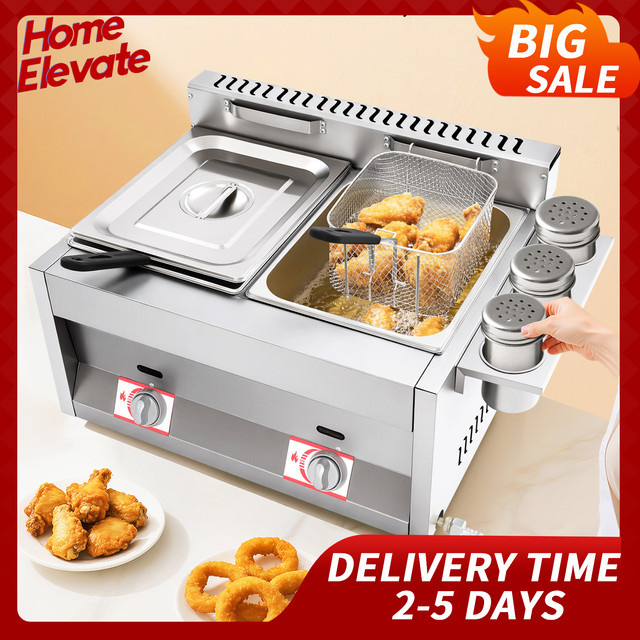 Bymaocar Kommerzielle Gasfritteuse aus Edelstahl mit zwei Tanks, Farbe: Silber/Grau, 2 x 6 l Fassungsvermögen, Temperaturregelung 50–380 °C - Bild 1