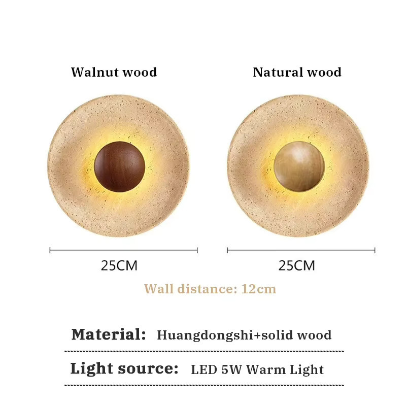 IISINUO Wabi-Sabi LED Wandleuchte aus Holz und Stein in Gelb und Beige, runde Wandlampe für Wohnzimmer und Flur, Durchmesser: 25 cm - Bild 4