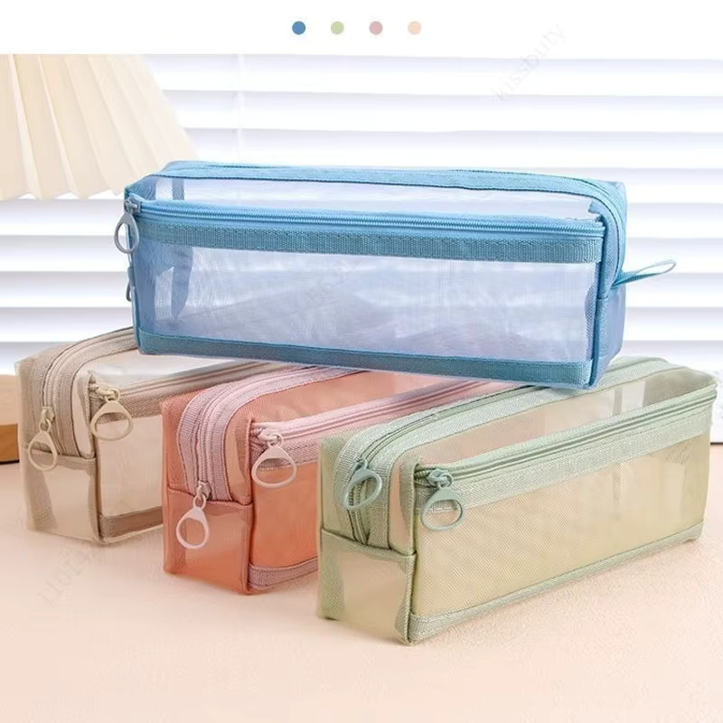 Transparentes Federmäppchen aus Netzstoff mit Gittermuster in Pink als multifunktionales Bleistiftetui und Make-up-Tasche - Bild 3