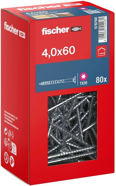 Fischer PowerFast II Senkkopf Teilgewinde Schraube mit Torx-Antrieb aus verzinktem Stahl, Durchmesser: 4 mm, Länge: 60 mm, 80 Stück - Bild 1