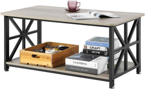 VEVOR Couchtisch im Farmhouse-Stil aus Holz und Metall, rechteckiger Kaffeetisch mit offenem Ablagefach in Braun und Schwarz - Bild 1