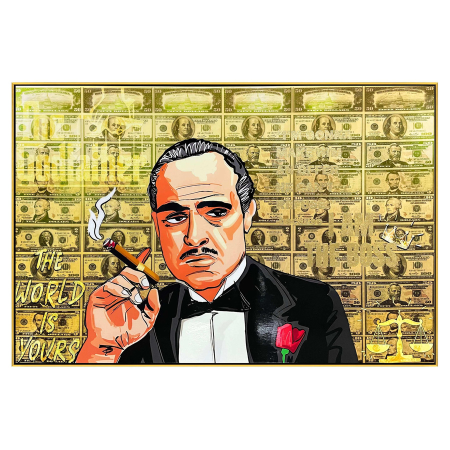 Mansion atmosphere Pop Art Street Art Gemälde The Boss – Handgemalte Leinwand mit Geldmotiven in Gold und Multicolour, B: 120 cm, H: 80 cm - Bild 1