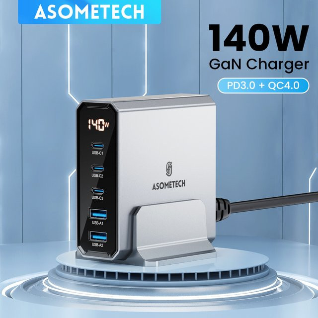 ASOMETECH 140W 5in1 Desktop USB-C Schnellladegerät mit LED-Display, PD 3.0, QC 4.0 und PPS für iPhone 15 und MacBook - Bild 1