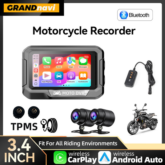 Grandnavi Tragbare 3,4 Zoll Motorrad GPS Navigation mit Wireless CarPlay und Android Auto, DVR Stick Recorder mit WIFI, IP67 Wasserdicht, Schwarz - Bild 1