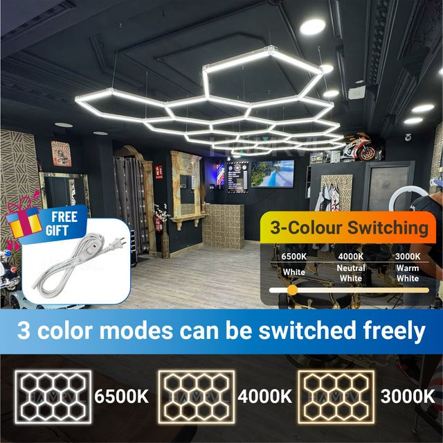 HAMRVL Hexagon LED Deckenleuchte in Weiß mit 3-Farben-Umschaltmodus für Garage, Werkstatt und Fitnessstudio - Bild 1