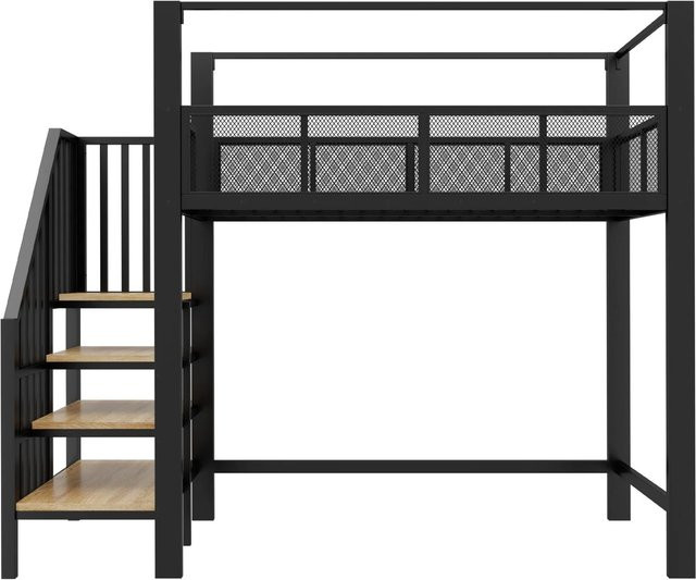 Merax Hochbett für Kinder mit Baldachin, Treppe und Schubladen, Metall und MDF, Schwarz, B/T/H: 200 x 90 x 173 cm - Bild 1