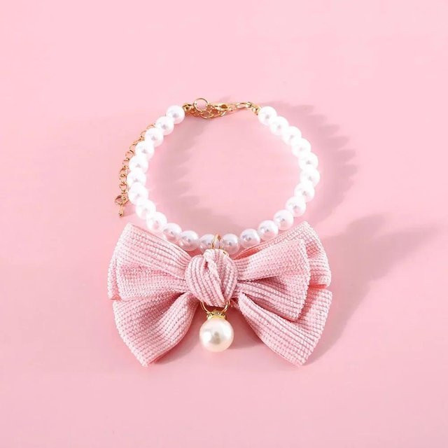 Katzen-Perlenhalsband mit Schleifenanhänger, rosa, XS (15-22cm) - Bild 1