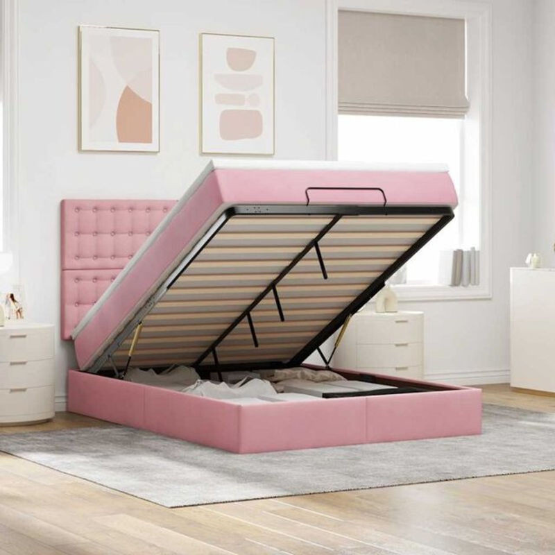 Vidaxl Ottoman Polsterbett mit Matratze und LED in Rosa aus Samt, B/T/H: 140 x 200 x 128 cm - Bild 1