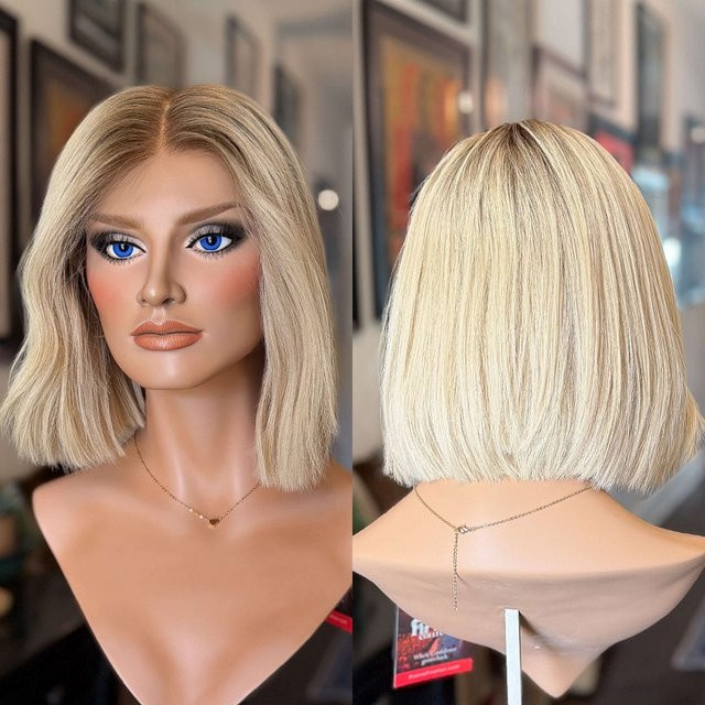 RHAH HAIR Perücke Bob, hellblonde Ombre Shadow Roots, synthetisch, Damen - Bild 1
