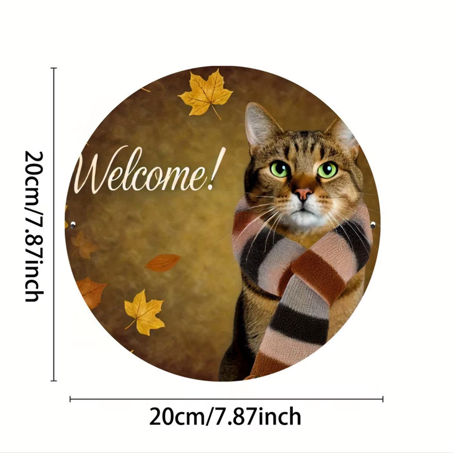 Potdemiel Rundes Metallschild Herbst-Katze mit Schal-Design, Wandkunst aus Eisen, Durchmesser: 20,32 cm, Mehrfarbig - Bild 2