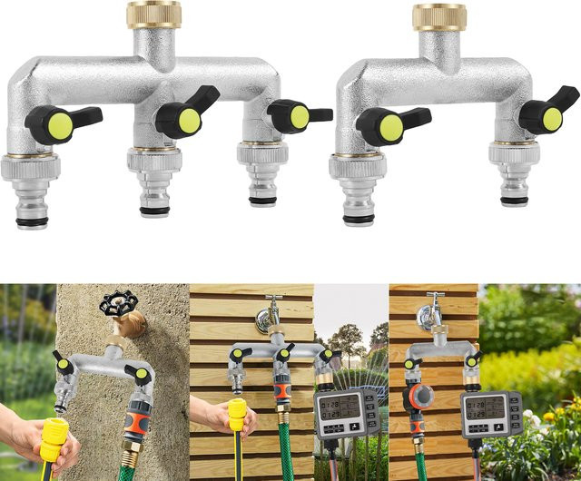 1,5-Wege-Schlauchspalter aus Zinklegierung in Silber mit Ein/Aus-Ventil für 1/2-Zoll-Gartenschläuche - Bild 1