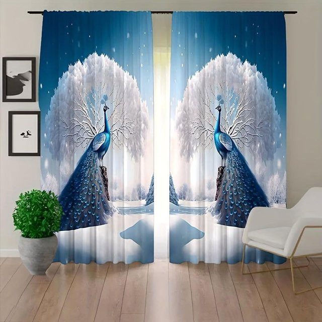 Yiran Furniture Vorhang Set mit Pfau und Schmetterling im Retro-Design, Blau Grün, halbtransparent, B/H: 50 x 130 cm, 2 Stück - Bild 1