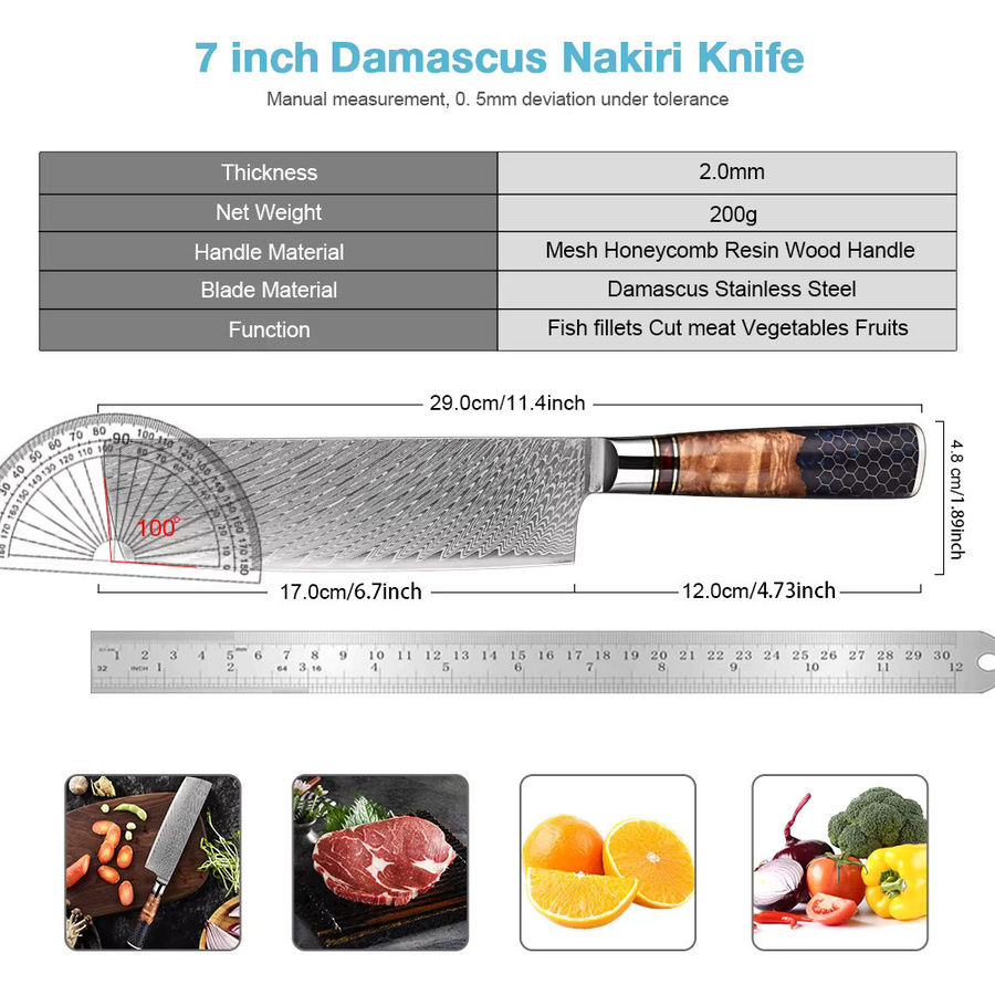 Xituo Damaskus Nakiri Küchenmesser aus Holz, 17,78 cm, Silber/Rot - Bild 2