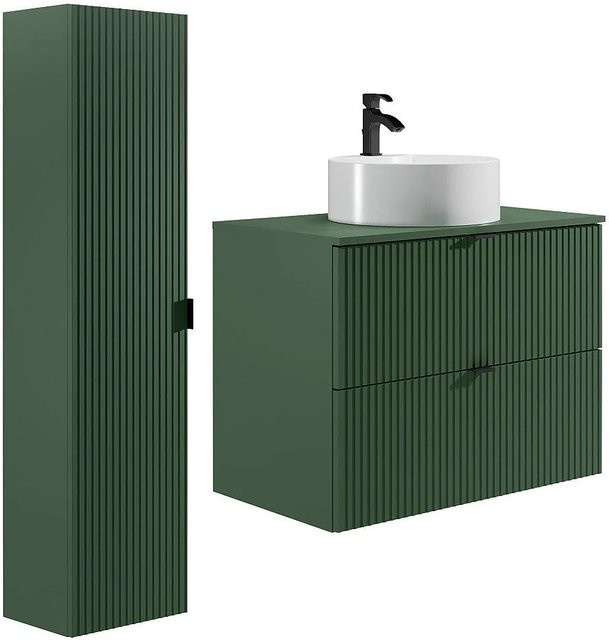 ZEVINI Badmöbel-Set in Grün mit Aufsatzwaschbecken, Hochschrank und Einzelwaschtischmöbel, matt strukturiert, Breite: 80 cm - Bild 1