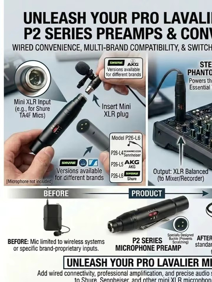 HTDZ 48V Phantom Netzteil für XLR 3-Pin und Shure 4-Pin Lavalier Headset Mikrofone, Schwarz - Bild 3