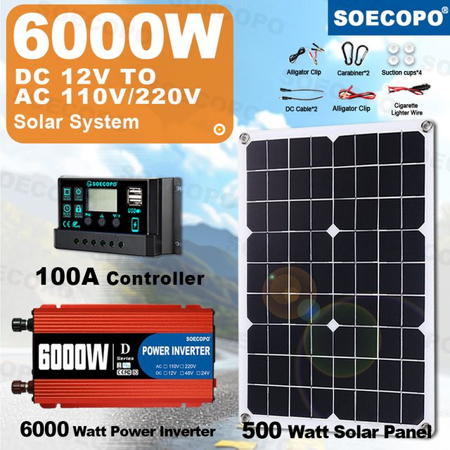 Soecopo Solar Power System mit 500W Panel, 100A Controller und Wechselrichter für 12V bis 220V, inklusive Krokodilklemmen und Karabinerhaken, 6000W - Bild 1