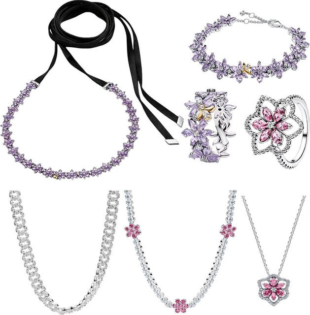 Potdemiel Schmuck-Set, 925 Silber, Diamant, Zirkonia, Lila Eisblüten-Halskette, Armband, Ring - Bild 1