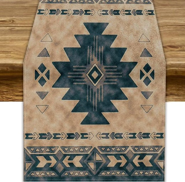 JMG Household Supplies Tischläufer aus Leinen im Boho Aztec Design, Schwarz/Mehrfarbig, B: 150 cm, T: 33 cm - Bild 1