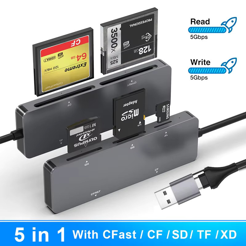 UTHAI CR307 5-in-1 Kartenlesegerät für CFast, CF, XD, SD und TF mit USB 3.0 und USB-C Anschluss in Grau - Bild 3