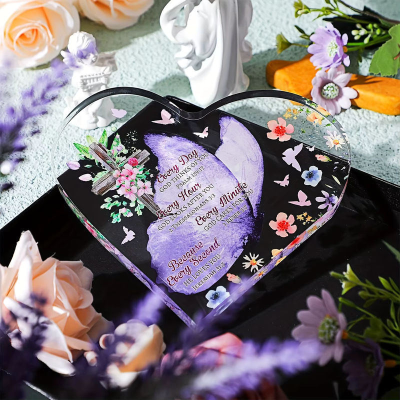 Inspirierende christliche Schreibtischdekoration aus transparentem Acryl mit Herzform, Schmetterling und floralem Design - Bild 4