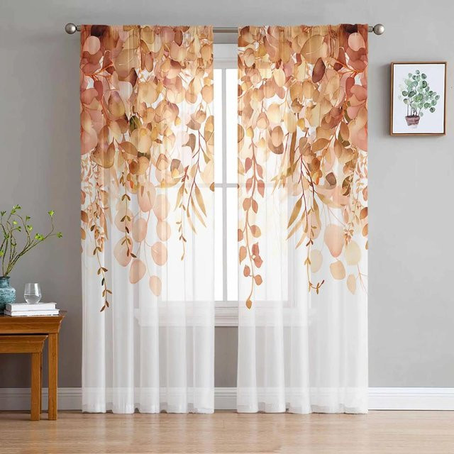Yiran Furniture Transparenter Tüllvorhang mit Herbstblättern und Baumstamm-Design, Organza-Voile für Wohnzimmer und Schlafzimmer, B: 135 cm, H: 115 cm - Bild 1