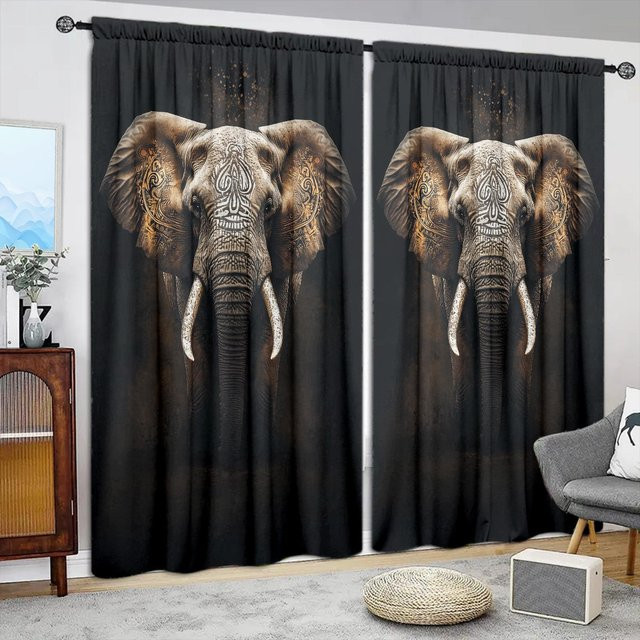 2er-Set Elephant Print Vorhänge aus Polyester in Schwarz, halbtransparent, B: 107 cm, H: 213 cm - Bild 1