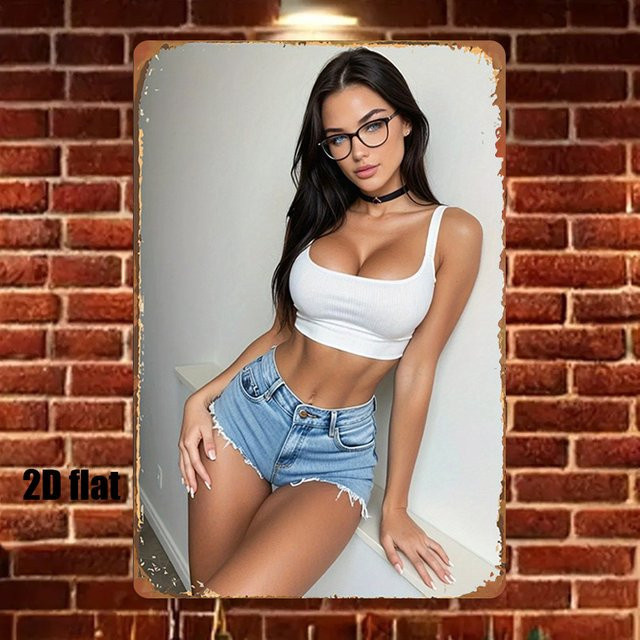 Metallblechschild CIFBUY Retro-Brunette in weißem Crop-Top und Jeans-Shorts, Wanddeko Mehrfarbig, B/H: 20,0 x 20,0 cm - Bild 1