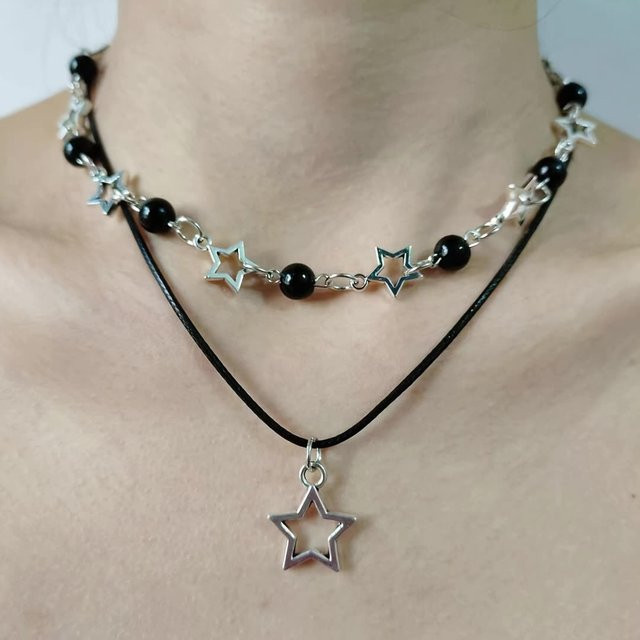 YiYuYiHua Halskette, Doppel Layered, Leder, Schwarz, Perle, Stern, Damen - Bild 1