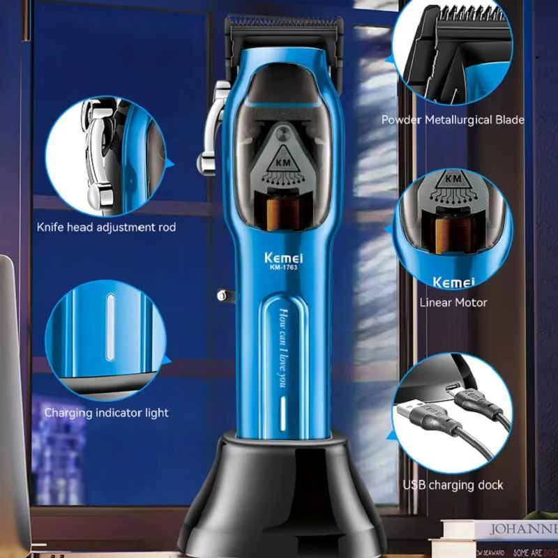 Kemei Professioneller Elektrischer Haarschneider KM-1763 mit Ladestation, Schwarz und Blau - Bild 4