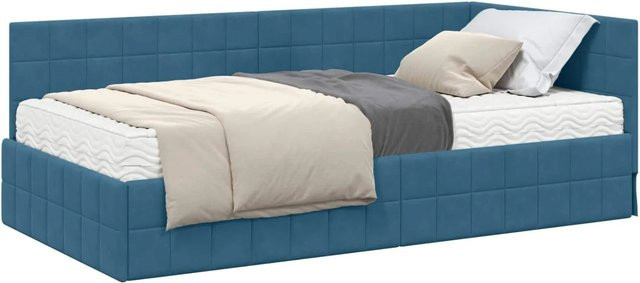 vidaXL Eckbettgestell mit Kopfteil und 2 Matratzen in Blau Samt, B/T/H: 104 x 204 x 72 cm - Bild 1