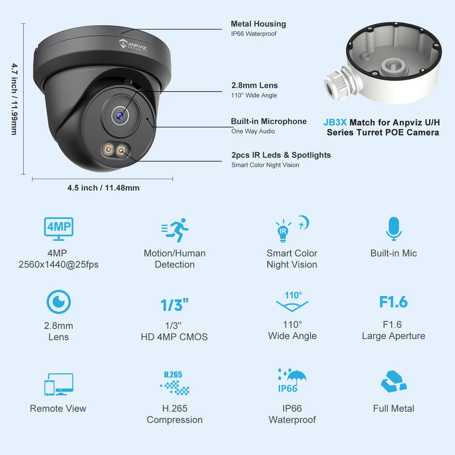 Anpviz 4MP PoE-Turmkamera aus Metall mit KI-menschlicher Bewegungserkennung, intelligentem Dual-Light und integriertem Mikrofon - Bild 2