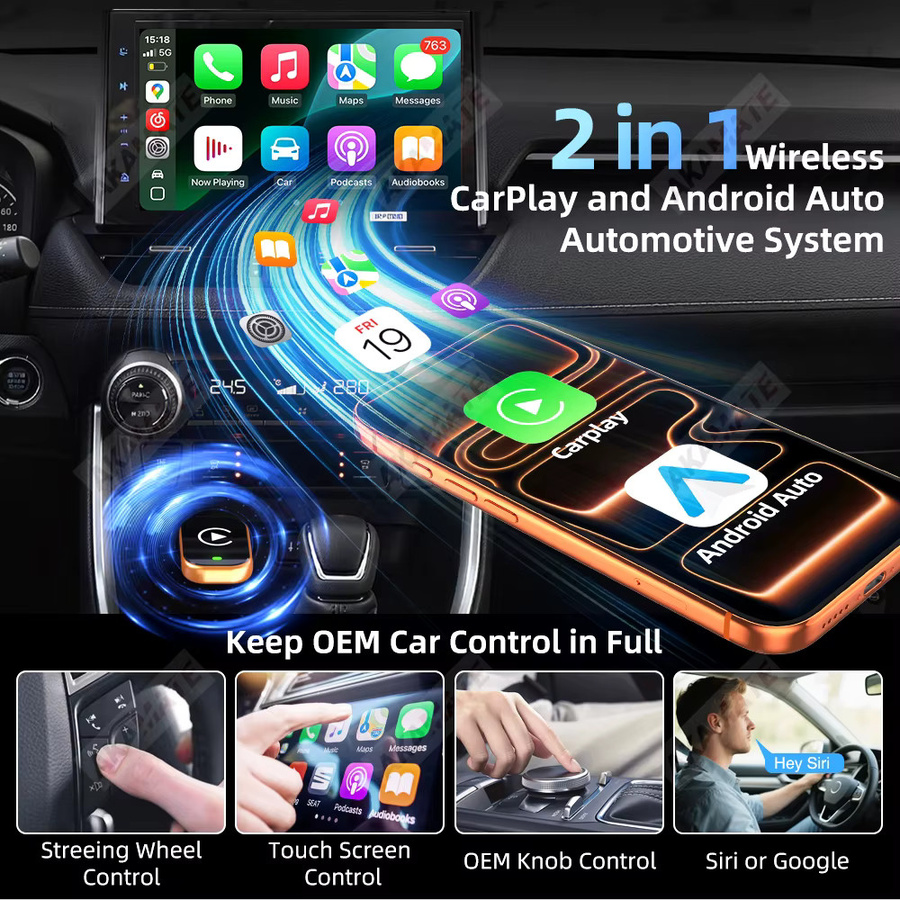 AKAMATE 2-in-1 Kabelloser CarPlay und Android Auto Adapter von kabelgebunden auf kabellos mit USB-C Anschluss für VW, Toyota, Kia, Nissan, Audi und Volvo - Bild 2