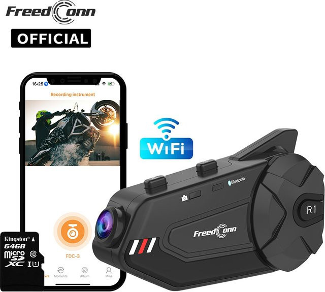 Freedconn R1Plus Bluetooth Motorrad Intercom Helm Headset mit Wifi APP Unterstützung und Lautsprecher Kopfhörern in Schwarz - Bild 1