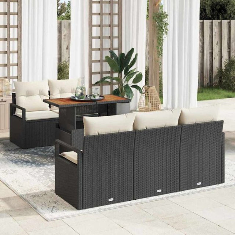vidaXL Polyrattan Garten-Sofa-Set aus 6 Teilen in Schwarz und Creme, modernes modulares Loungemöbel-Set, B/T/H: 100 x 55 x 73 cm - Bild 1