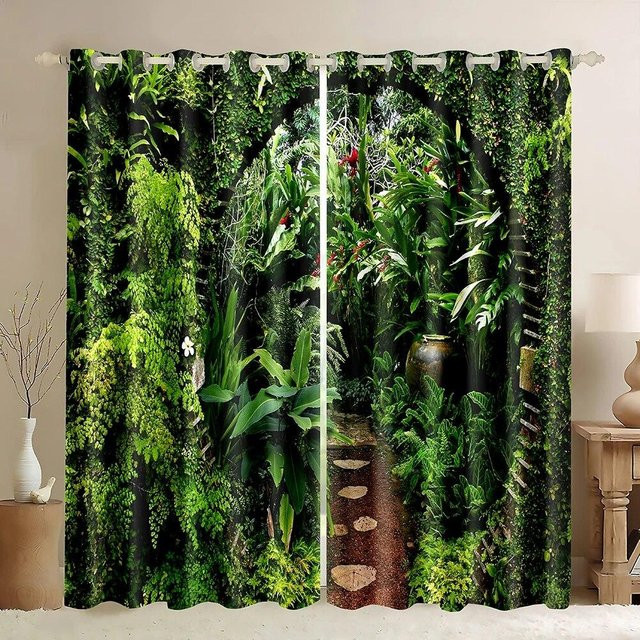 A Family Of Home Textiles Transparente Vorhänge mit 3D-Wald- und Naturprint, Grün, B: 70 cm, H: 160 cm, 2 Stück - Bild 1