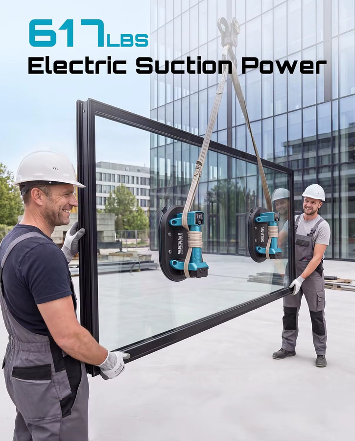 Seesii Elektrischer Saugnapf 10 Zoll mit Digitalanzeige und 4 Akkus 3,0Ah zum Heben von Glas und Fliesen bis 280kg - Bild 4